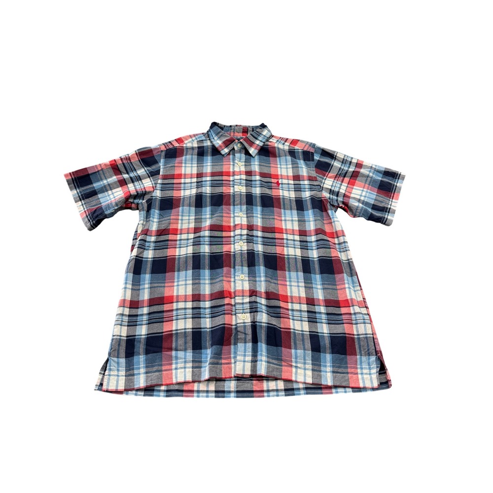 Polo by Ralph Lauren Plaid Button Down Shirt Boys XL 18-20 Blue Red Short Sleeve